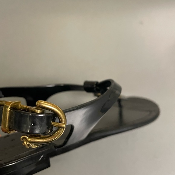 Coach black jelly t strap thong sandals 6B A4584 gold crystal  flowers. - Picture 3 of 9